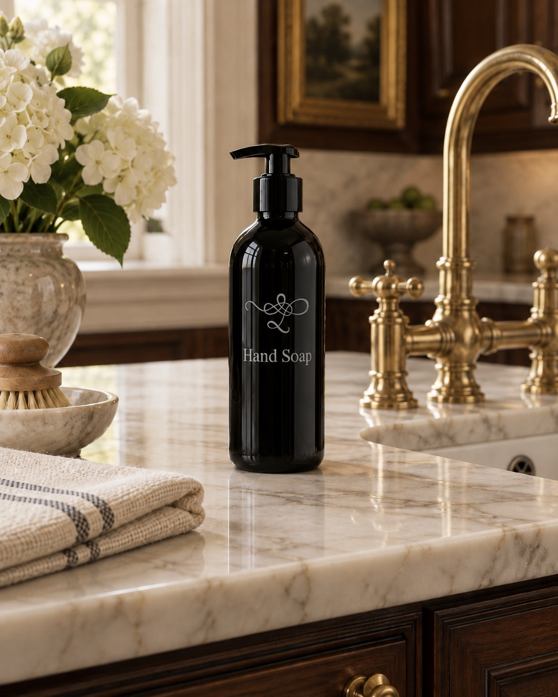 Etched Lello Hand Soap bottle on marble