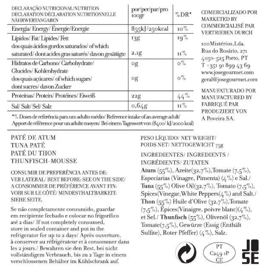 José Gourmet tuna paté nutrition and ingredients