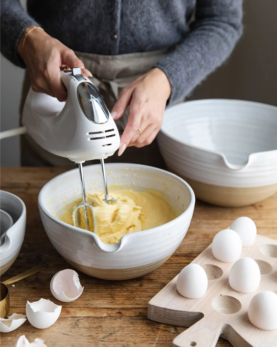 Pantry Bowl used for baking batter with a hand mixer