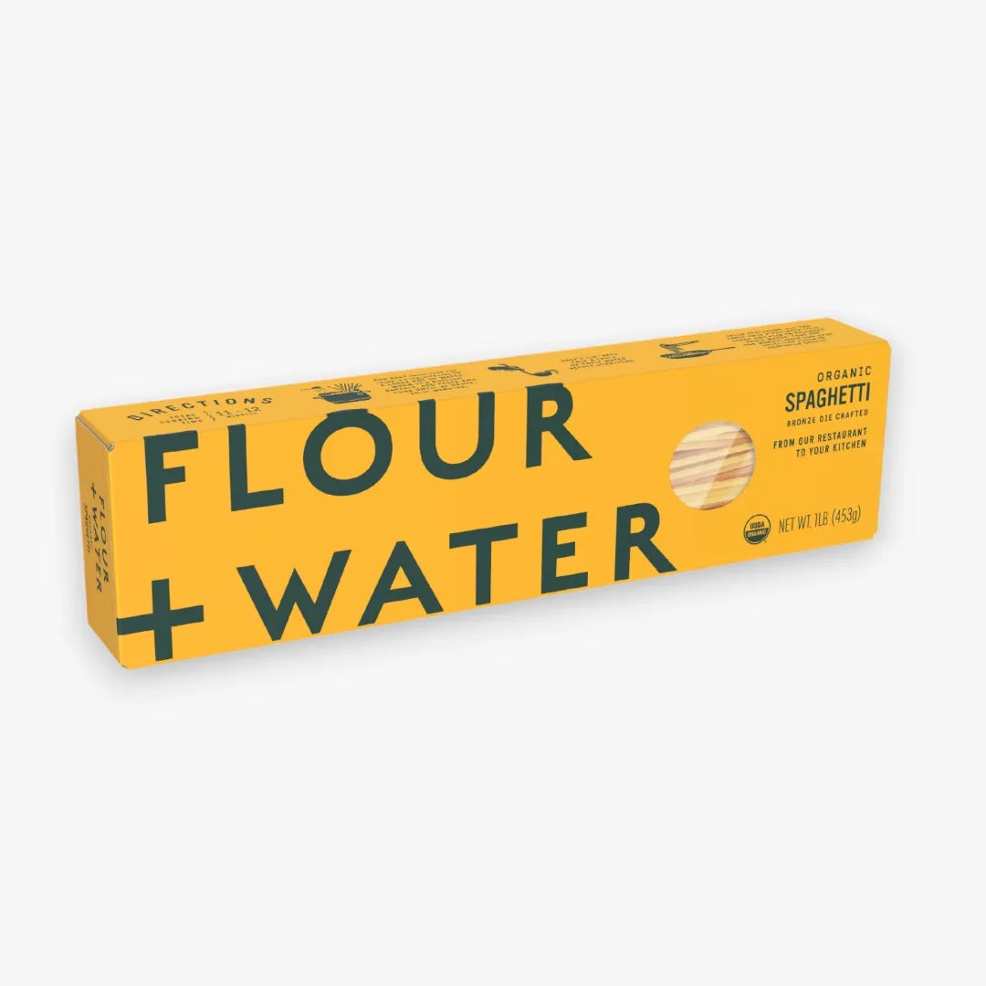 Flour + Water Organic Spaghetti bronze-die pasta in its yellow 16 oz box