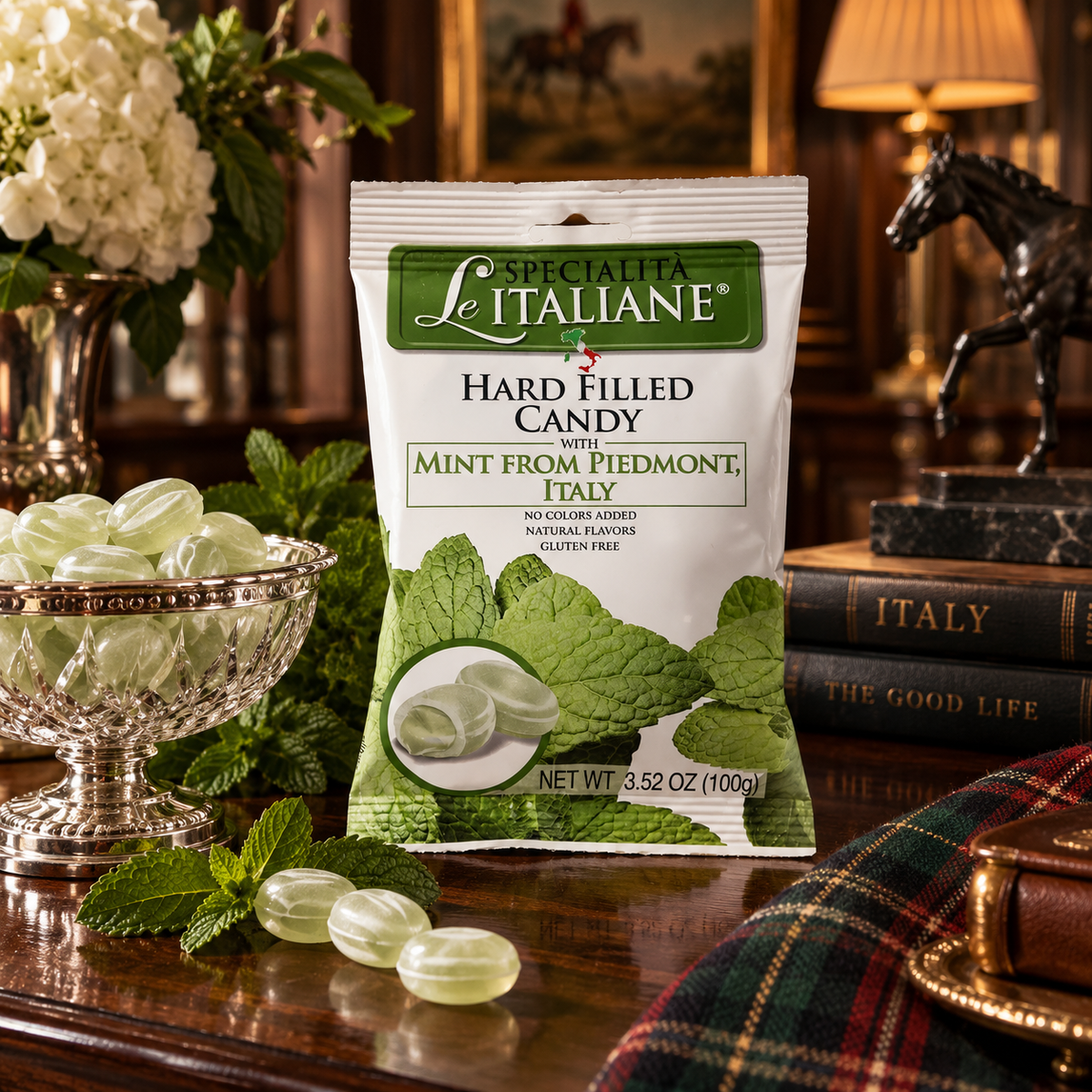 Le Specialità Italiane Piedmont mint filled candy styled in a luxurious classic study