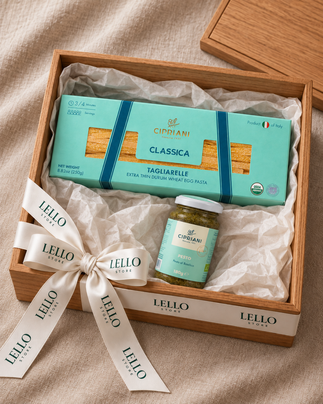 Cipriani Tagliarelle and organic basil pesto in a wood gift box with ivory Lello ribbon
