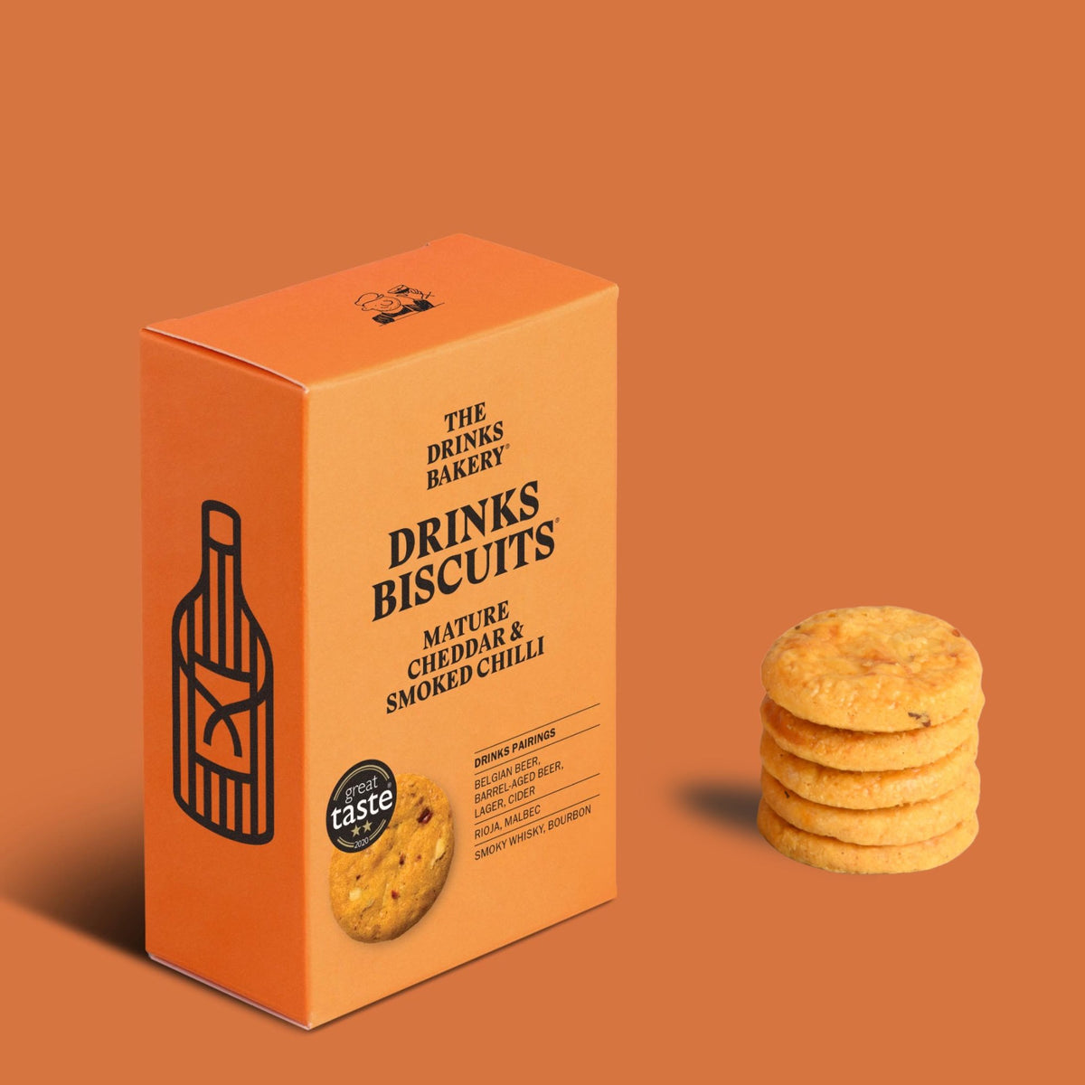 The Drinks Bakery Mature Cheddar and Smoked Chilli 100 g box with savory biscuits