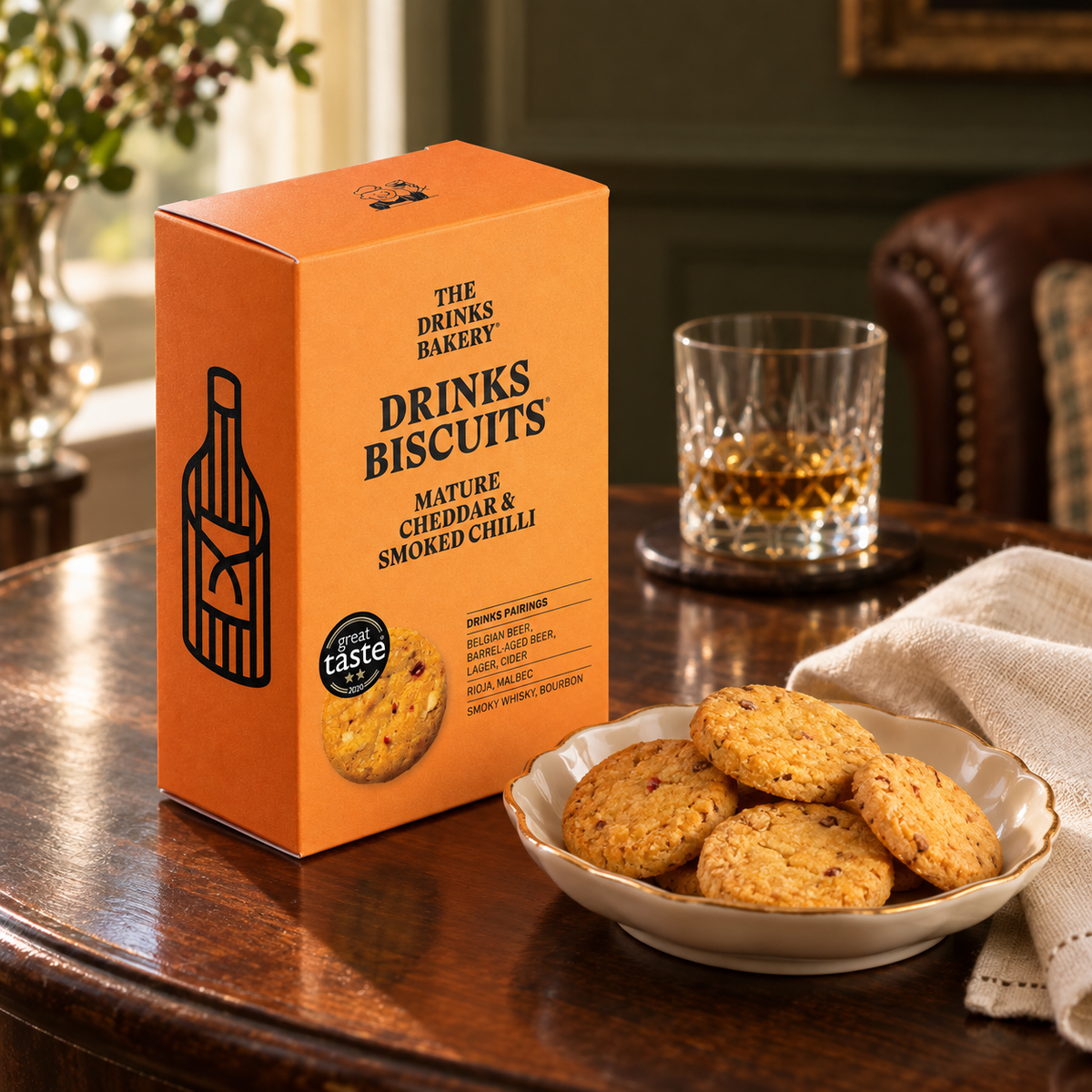 Mature Cheddar and Smoked Chilli Drinks Biscuits with bourbon, serving suggestion