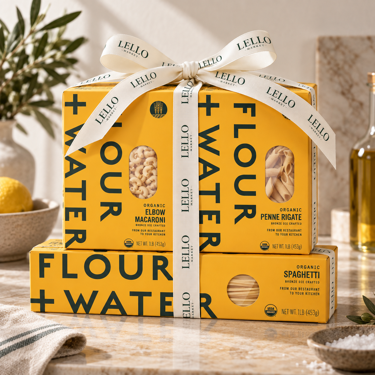 Flour + Water pasta trio — spaghetti, penne rigate and elbow macaroni tied with Lello ribbon