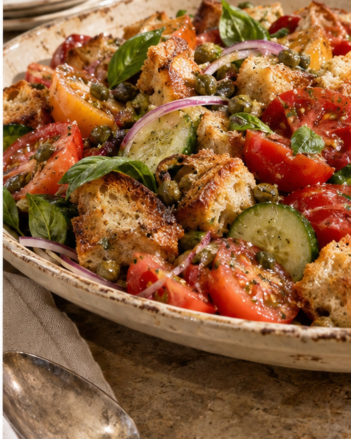 Summer panzanella with tomatoes, toasted bread, basil pesto and capers