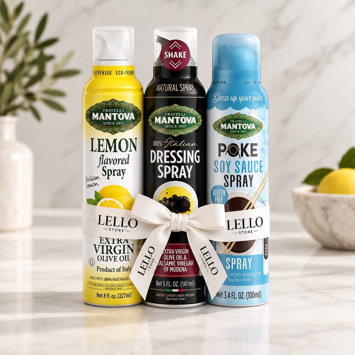 The Lello Spray Trio — lemon, Italian dressing and poke soy sauce sprays tied with Lello ribbon