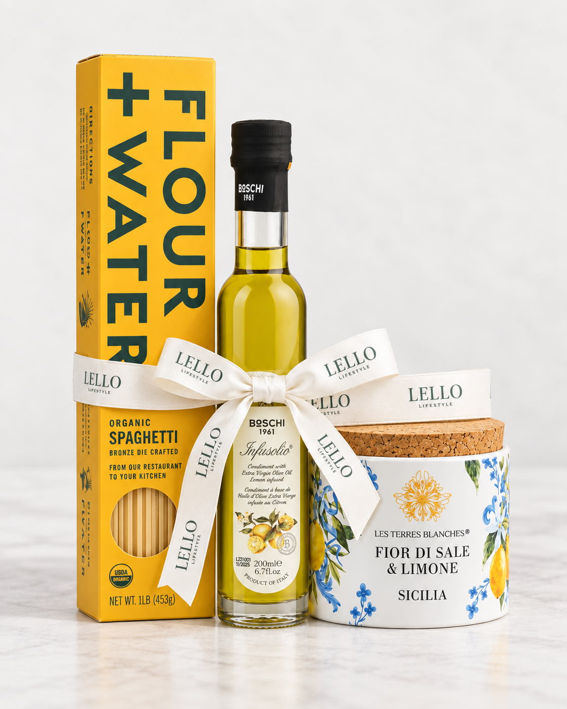 The Lemon Pasta Supper bundle with Flour + Water spaghetti, Boschi lemon olive oil and Sicilian lemon sea salt wrapped in Lello ribbon