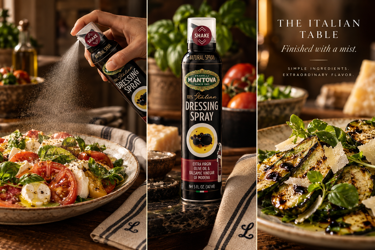 Mantova Italian Dressing Spray misted over an Italian salad in a luxury editorial setting