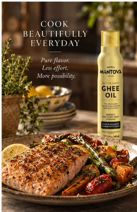 Mantova Butter Taste Ghee Oil Spray with salmon and roasted vegetables