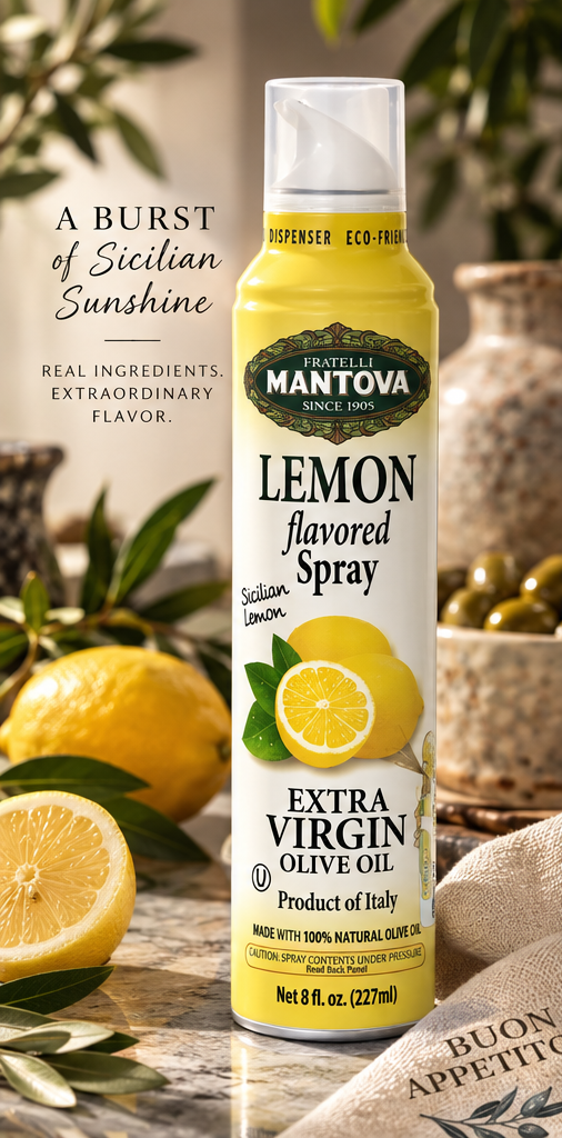 Mantova Sicilian Lemon Extra Virgin Olive Oil Spray with fresh lemons