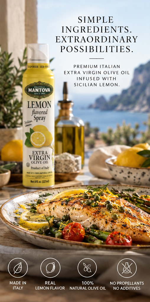 Mantova Sicilian Lemon Extra Virgin Olive Oil Spray with grilled fish and Mediterranean serving inspiration