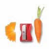 Red Monkey Business Karoto vegetable peeler and curler beside a carrot and curled carrot ribbon