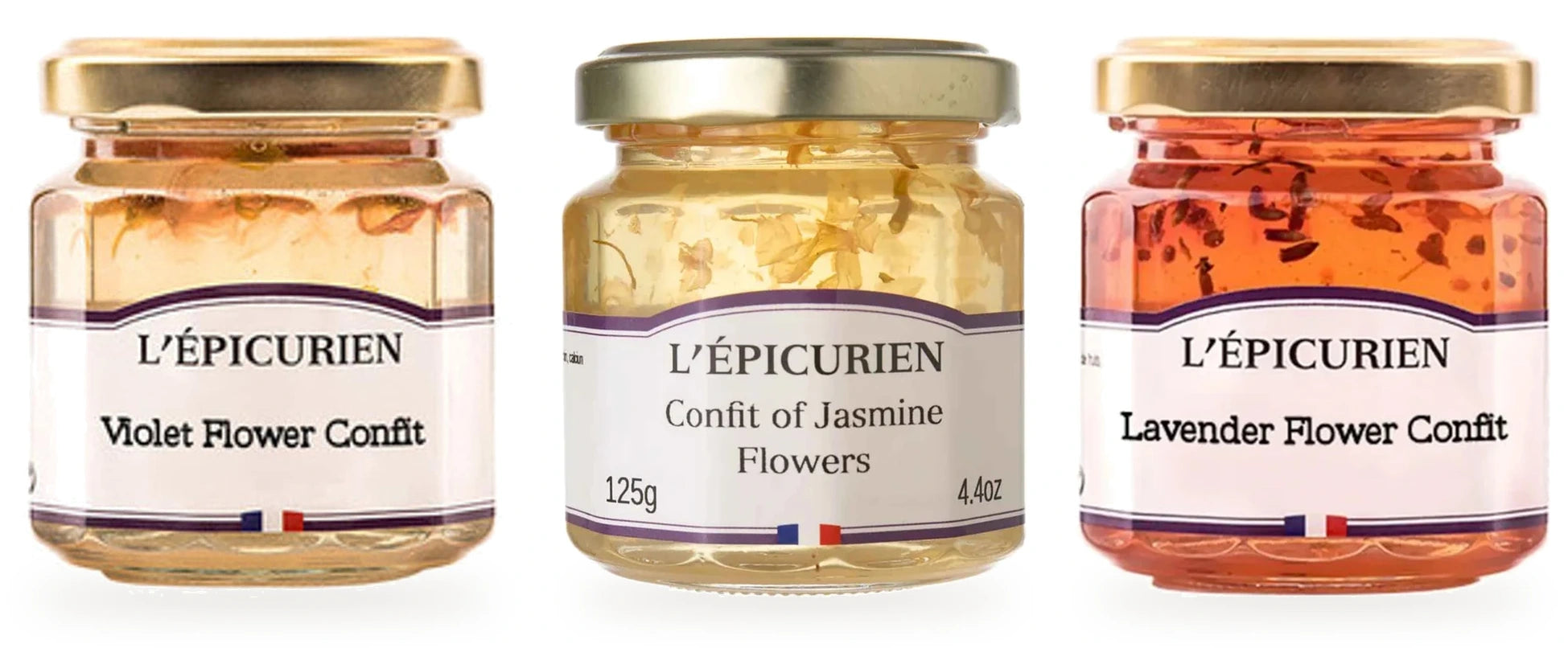 The actual L’Épicurien Violet, Jasmine and Lavender flower confit jars included in the trio