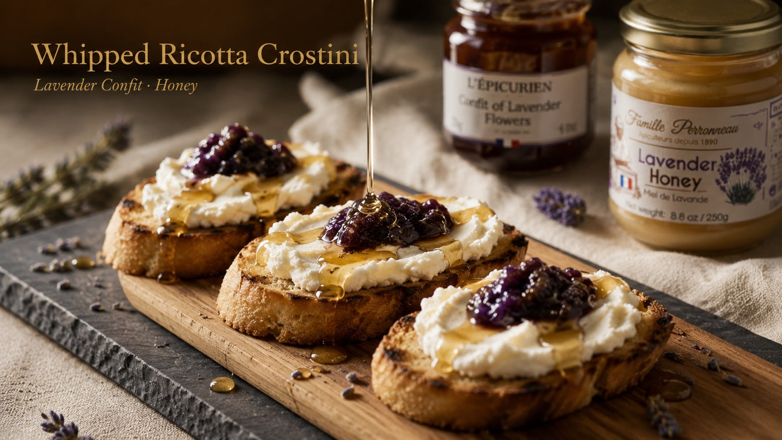 Whipped ricotta crostini with lavender confit and honey