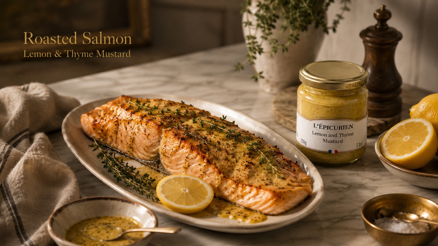 Roasted salmon with lemon and thyme mustard