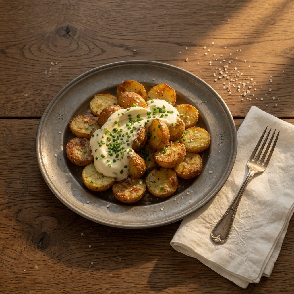Crispy Smashed Potatoes with Truffle Mustard Crème Fraîche & Smoked Fleur de Sel