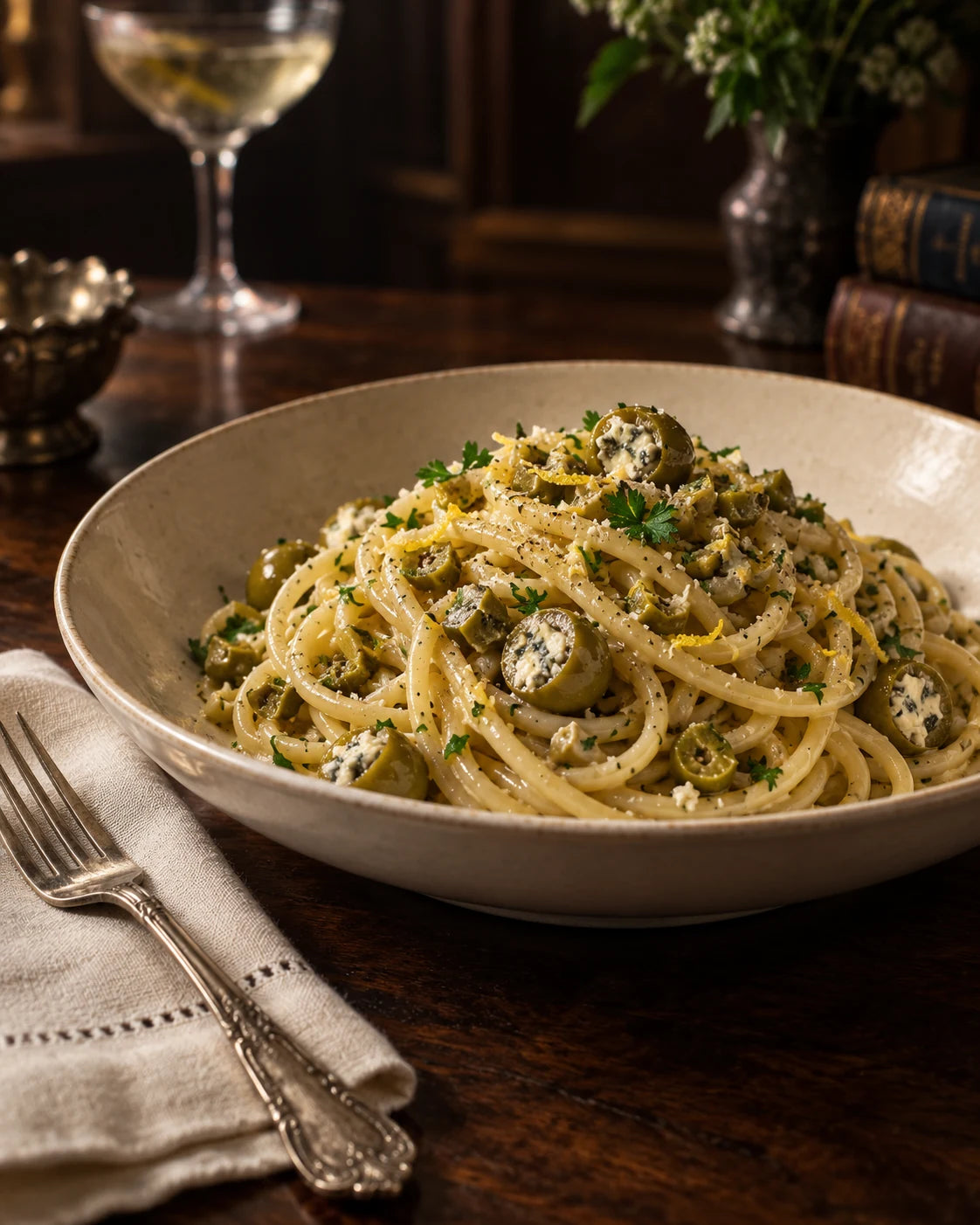 Dirty Martini Pasta with Blue-Cheese Olives, Lemon & Parsley