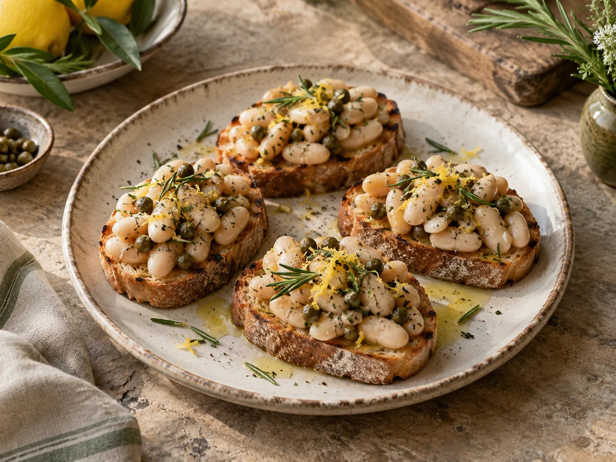 White Bean Bruschetta with Rosemary & Capers