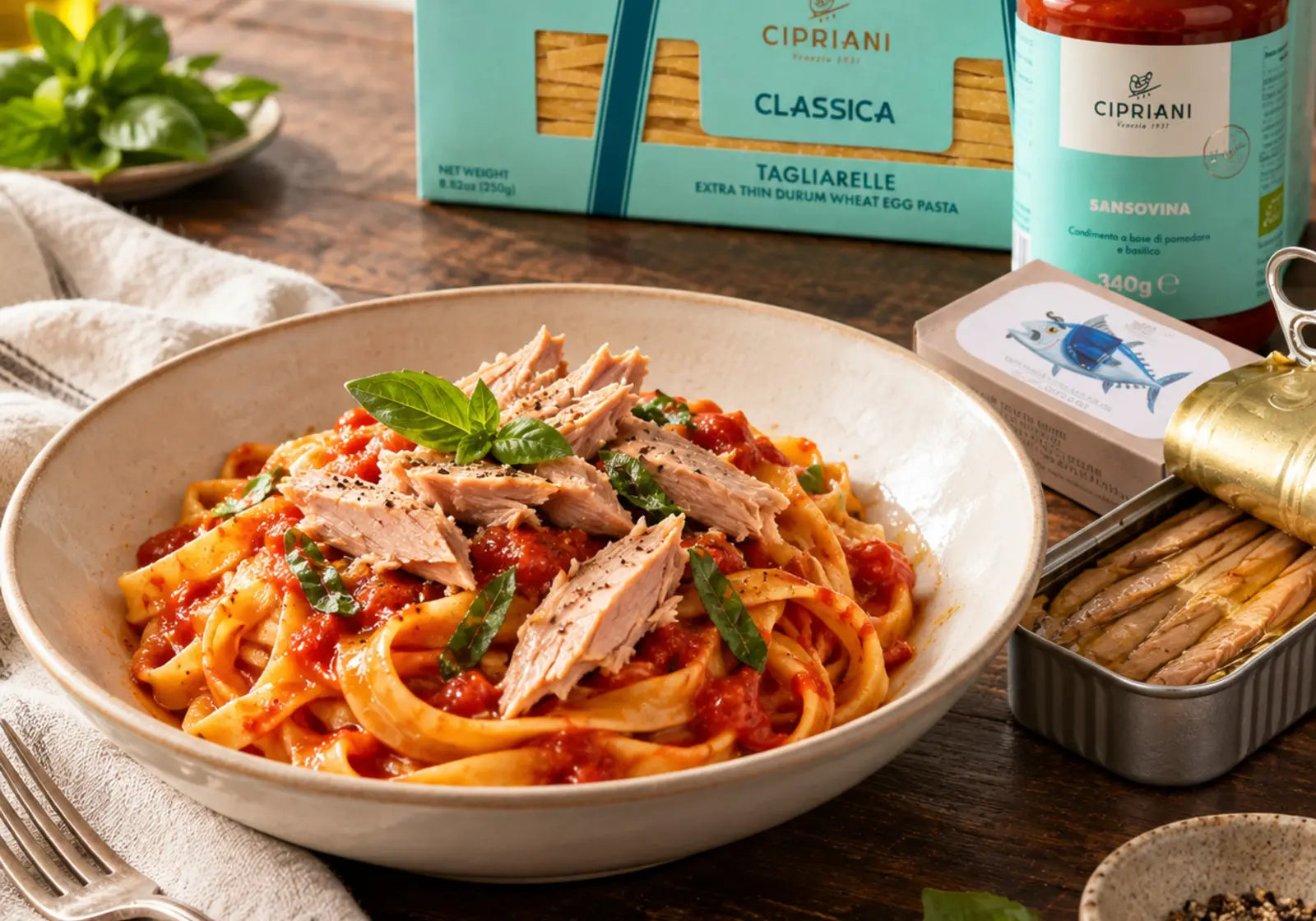 Tagliarelle with Sansovina tomato sauce, basil and ventresca tuna